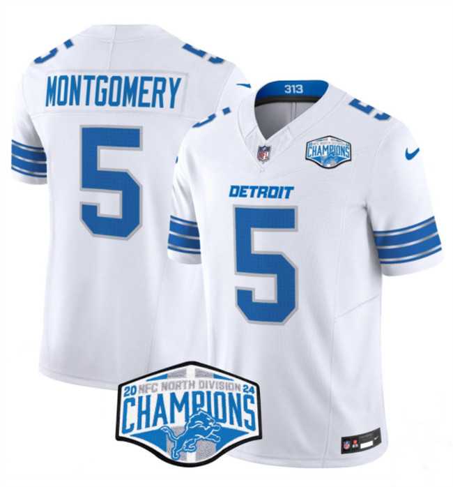 Men%27s Detroit Lions #5 David Montgomery White 2024 NFC North Champions F.U.S.E. Vapor Limited Stitched Jersey
